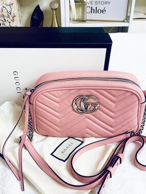 Gucci Pink Chevron Quilted Leather Camera Crossbody Bag with Double G